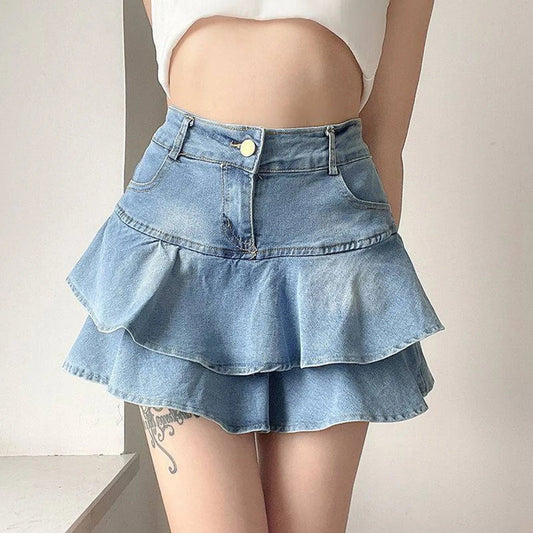 Light Blue Ruffled Denim Skirt