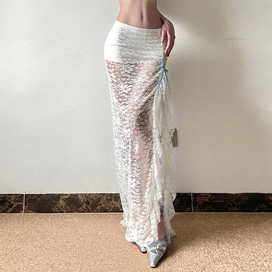 Y2K White Boho Floral Lace Low Waist Maxi Skirt