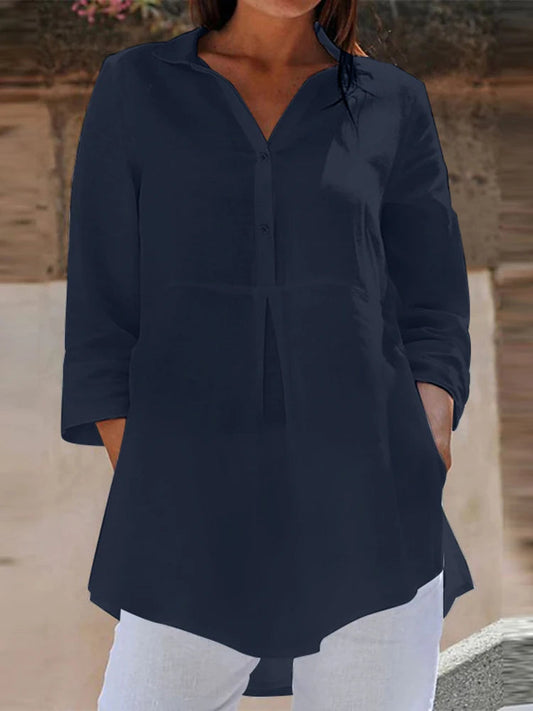 Lapel Neck 3/4 Sleeve Casual Loose Button Bloshope