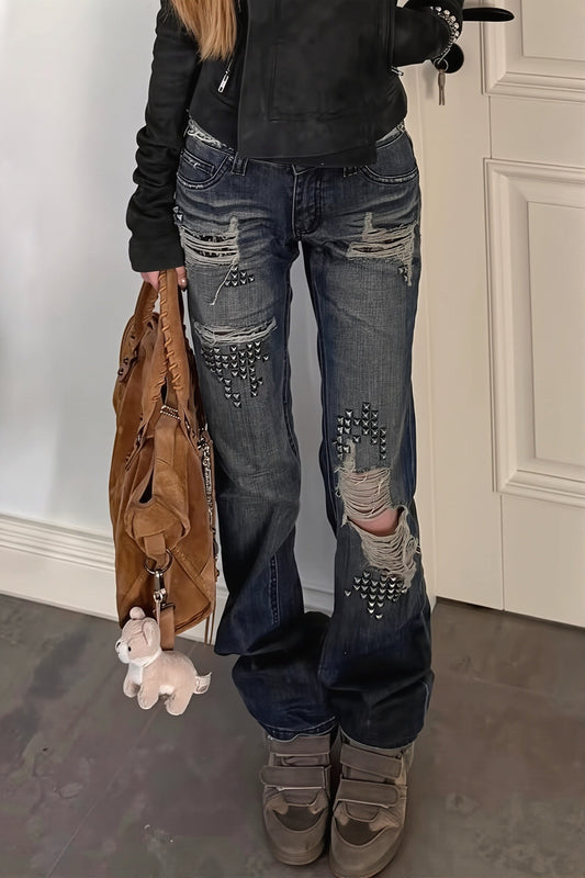 Studded Distressed Mid Rise Flare Jeans
