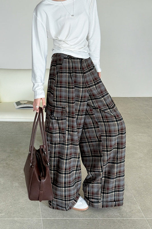 Retro Colorblock Plaid Casual Straight Pants