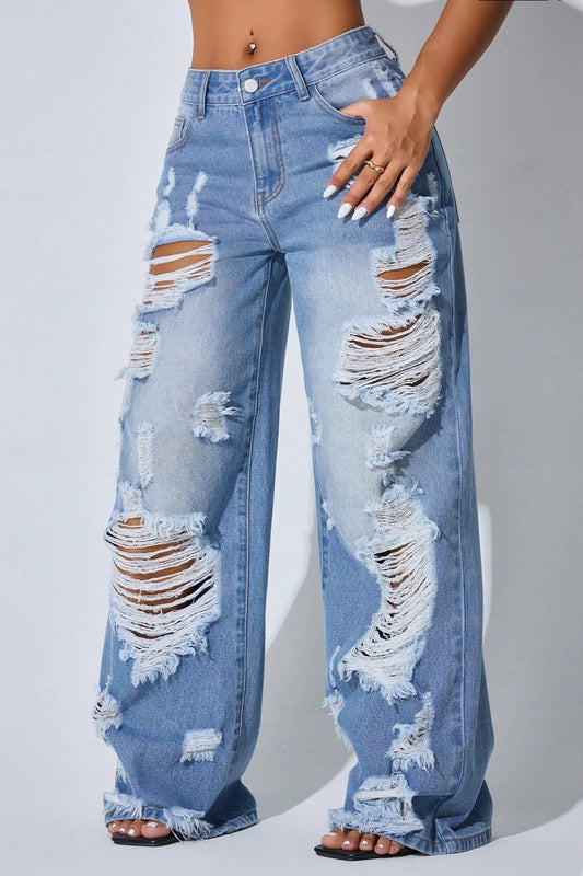 Extreme Distressed Wide-Leg Jeans
