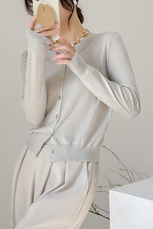 Crew-Neck Single-Row Pocket Knit Cardigan