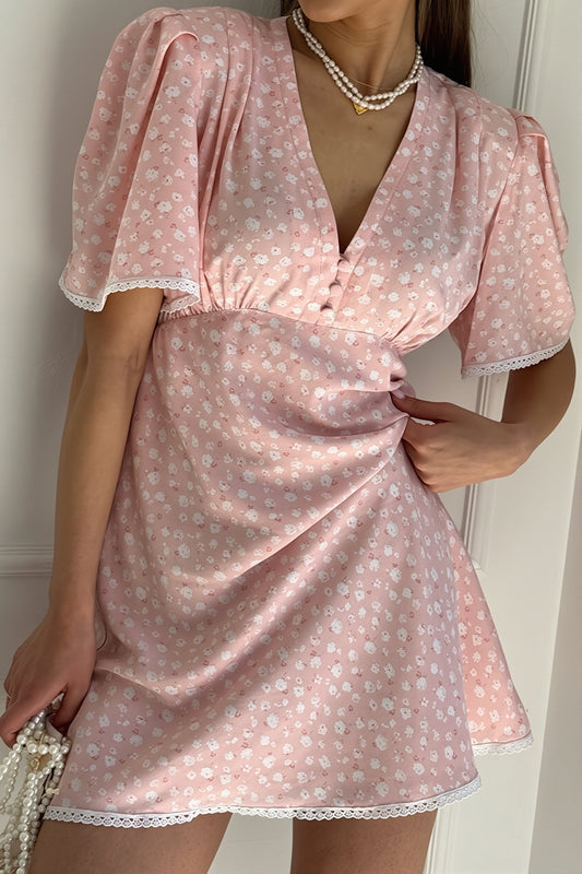 Floral V Neck Tea Length A Line Mini Dress
