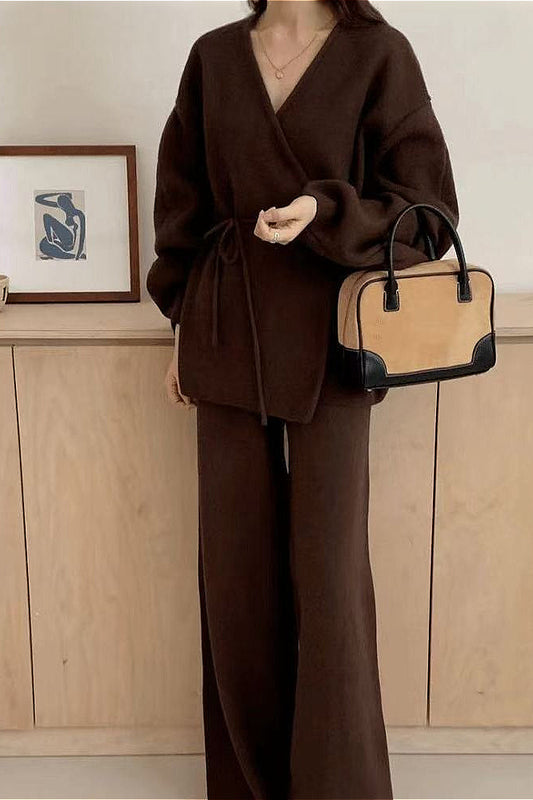 Loose Belted Knit Cardigan Wide-Leg Pants Two Piece Set