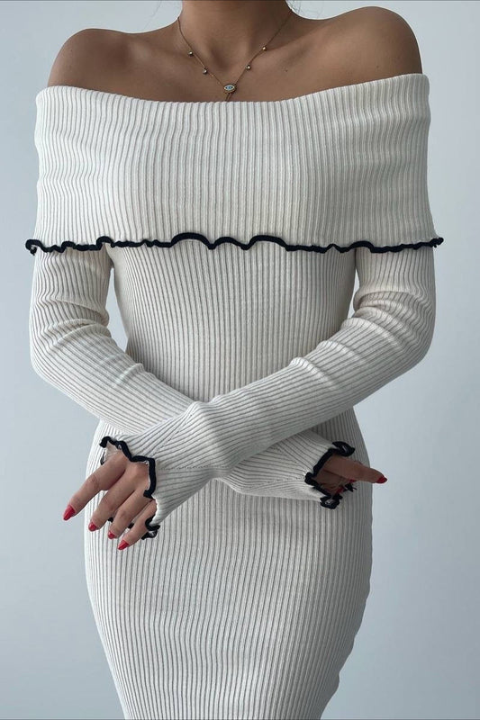 Ribbed Off Shoulder Color Block Knit Sweater Dress