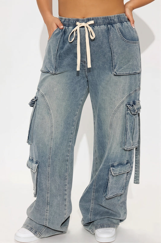 Drawstring Multi Pocket Cargo Jeans