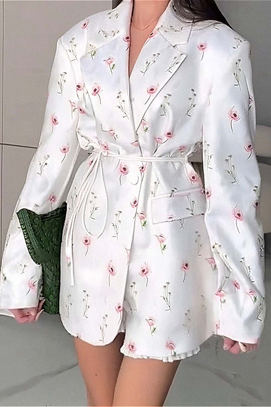 Printed Tie Button Loose Lapel Coat