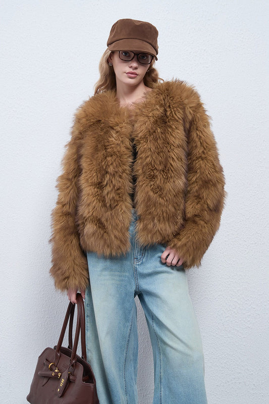 Faux Raccoon Fur Plush Coat with Retro Style