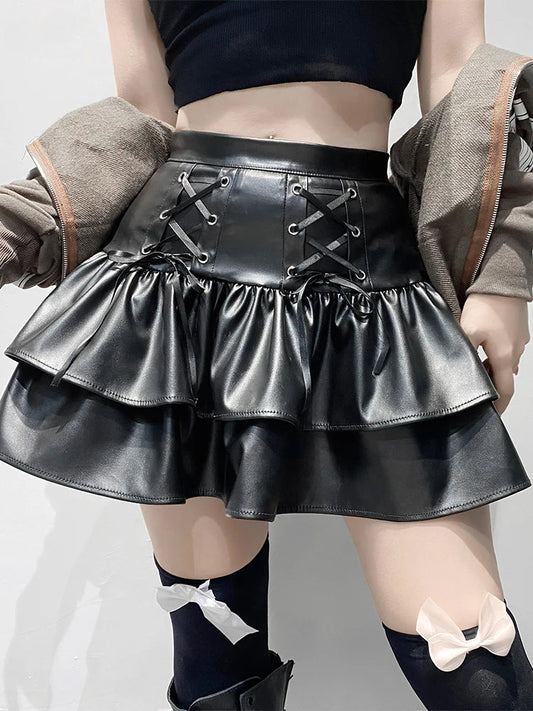 Dark PU Pleated Leather Skirt
