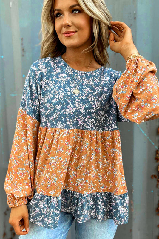 Round Neck Long Sleeve Floral Chiffon Bloshope
