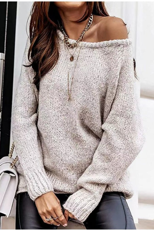 Off-Shoulder Crew-Neck Loose Knit Sweater