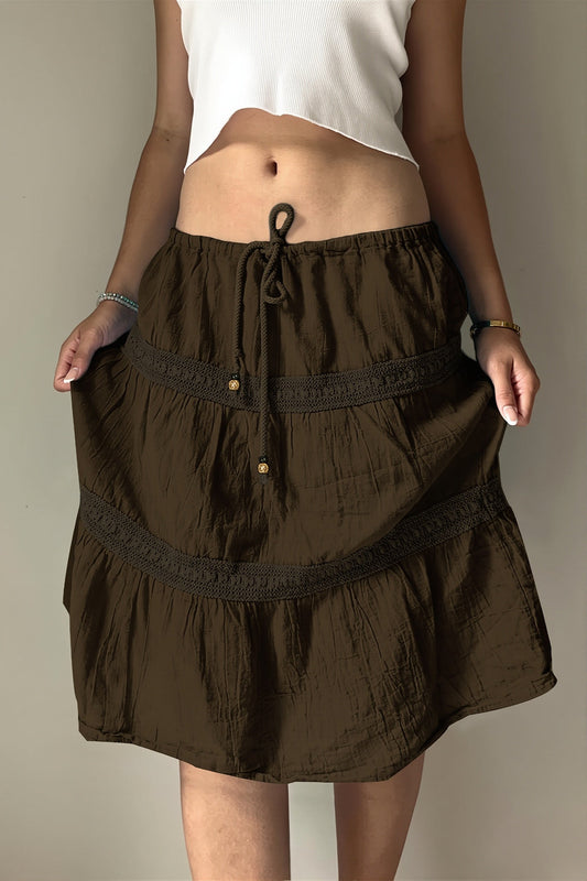 Brown Drawstring Tiered Mini Skirt