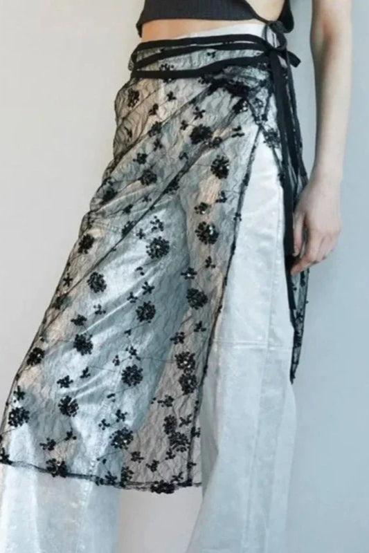Aesthetic See Through Sequins Flower Lace Long Apron Skirt