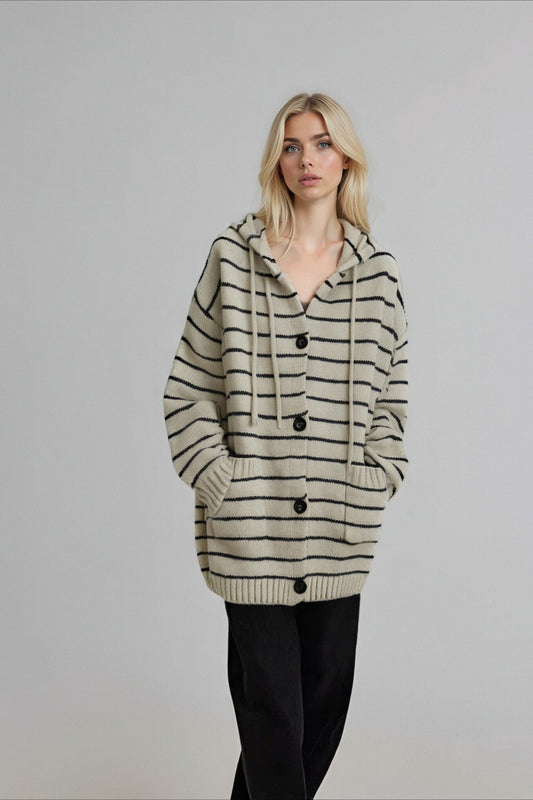 Stripe Hooded Retro Drawstring Pocket Plshop Size Knit Cardigan