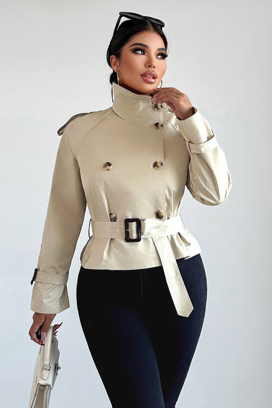 Collared Belted Buckle Short Trench Casual Women Jacket