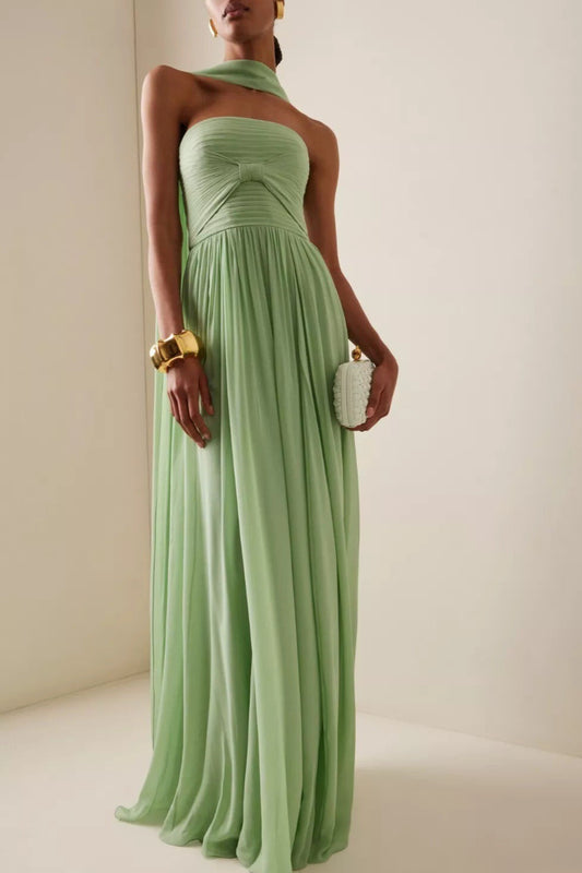 Bow Ruched Strapless Sash Elegant Maxi Dress