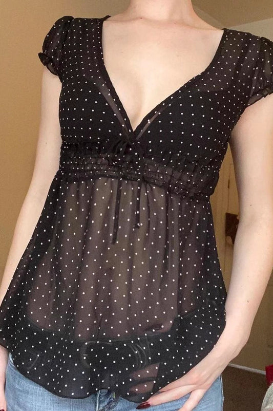 Polka Dot Sheer V-Neck Slim Fit Crop Top