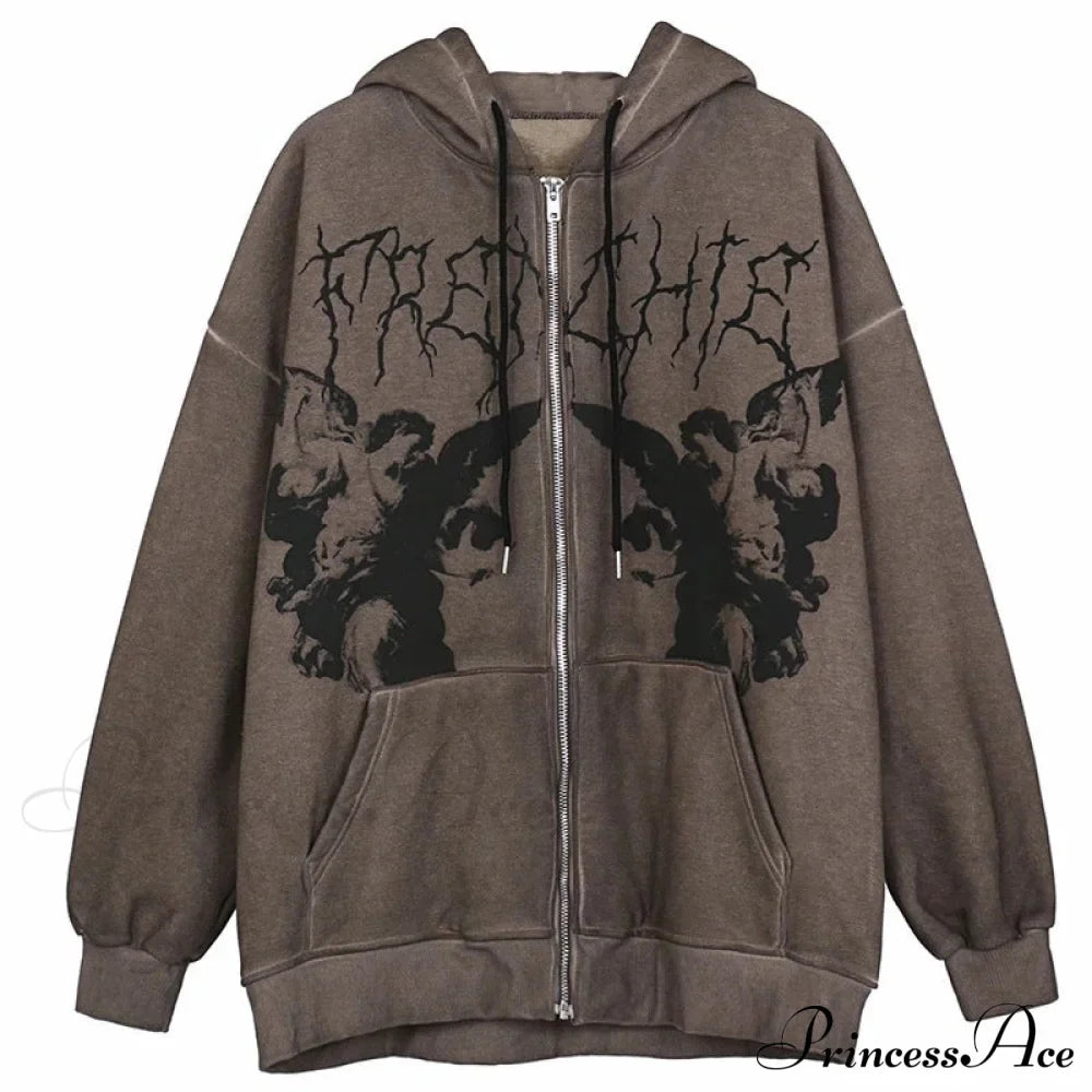 Angel Dark Print Streetwear Hoody Jacket Brown / M