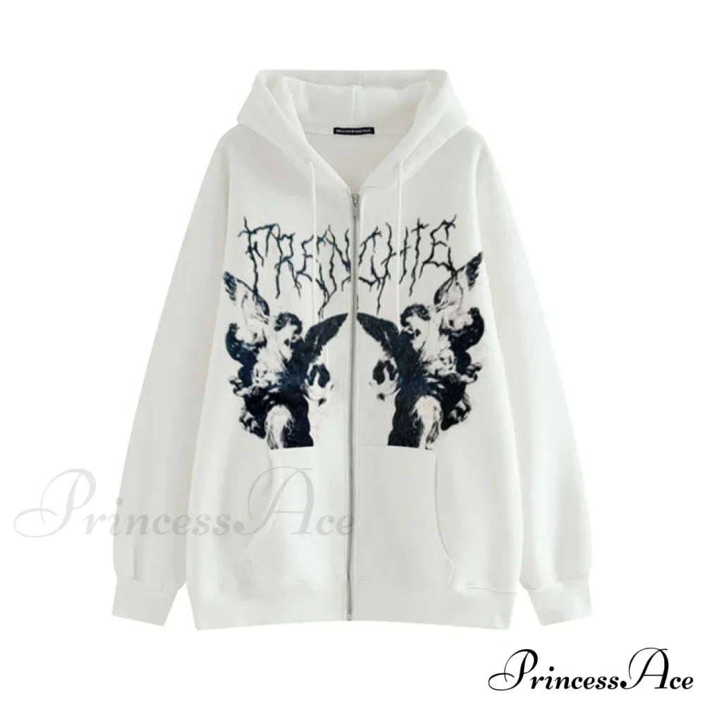 Angel Dark Print Streetwear Hoody Jacket White / M