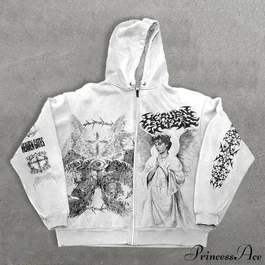 Angel Print Y2K Zip Loose Hoodie