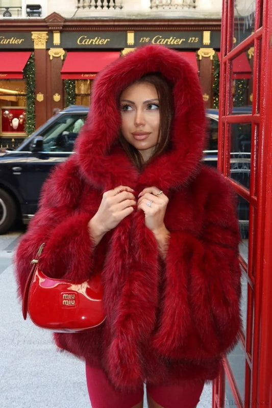 Angora Red Faux Fox Fur Cropped Hooded Coat