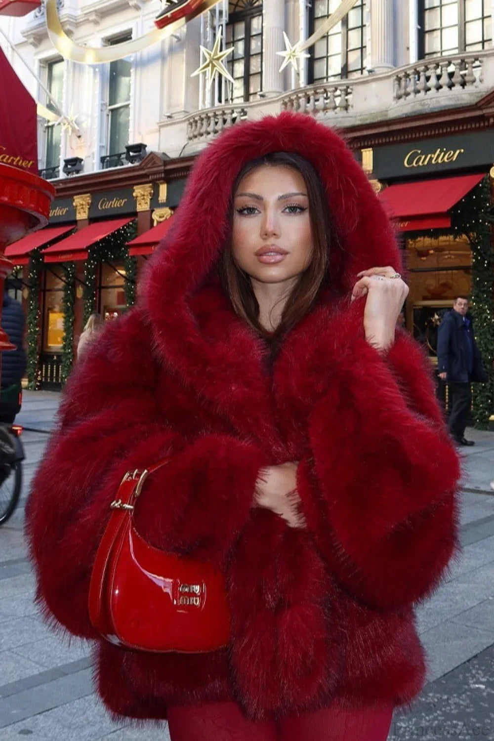 Angora Red Faux Fox Fur Cropped Hooded Coat Red / XS