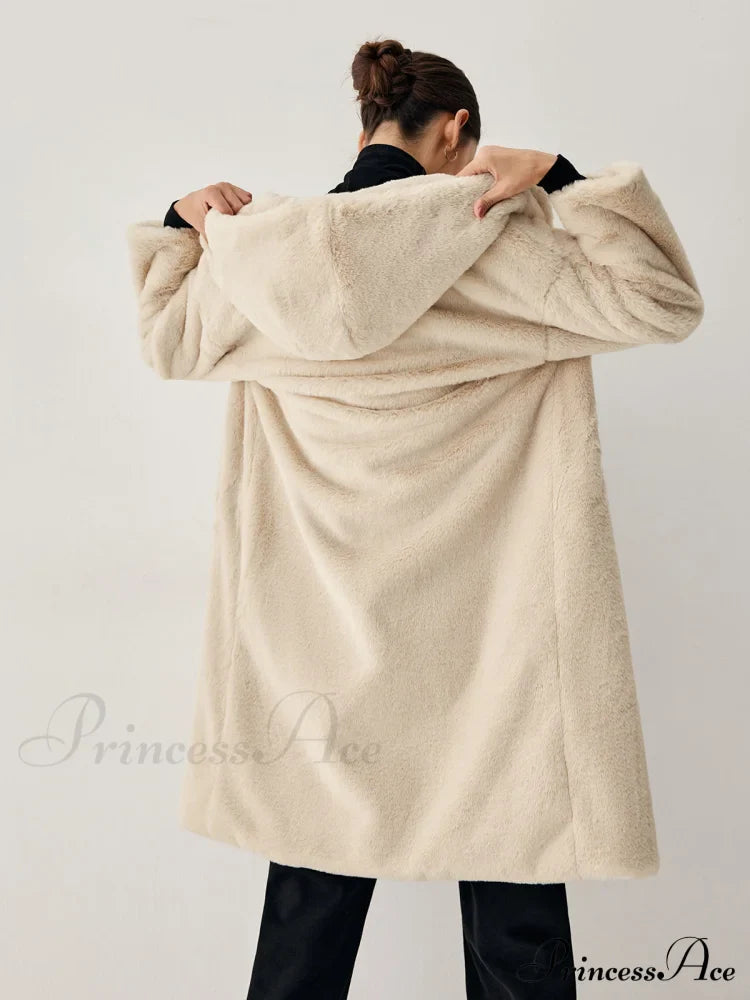 Apricot Faux Fur Trendy Hooded Longline Coat Fleece Jackets