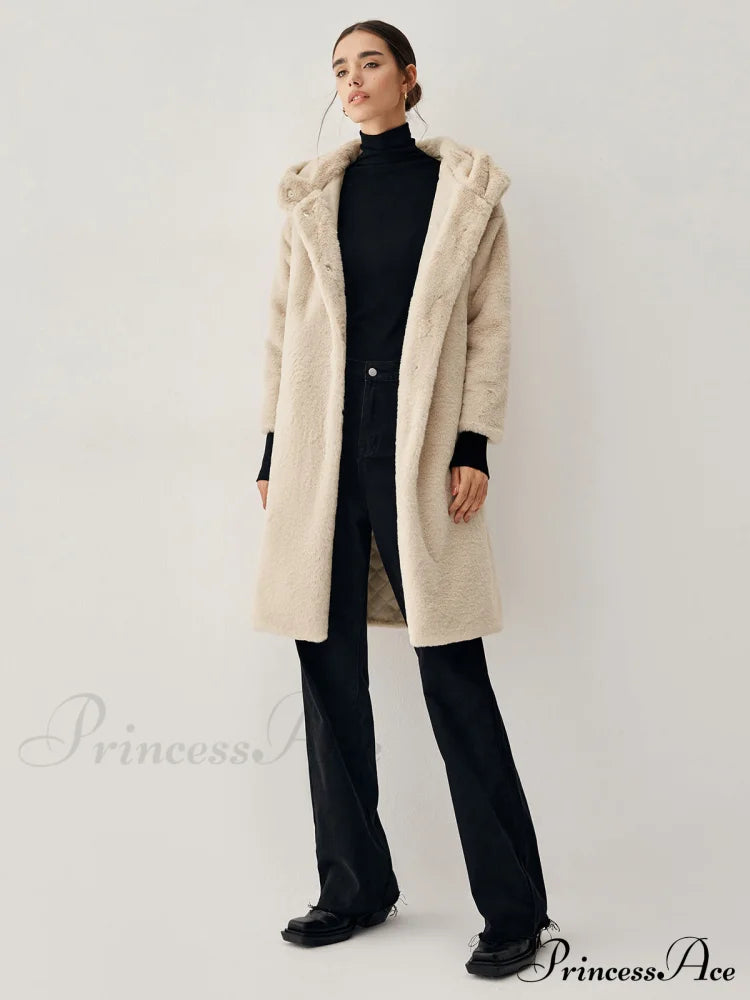 Apricot Faux Fur Trendy Hooded Longline Coat Fleece Jackets