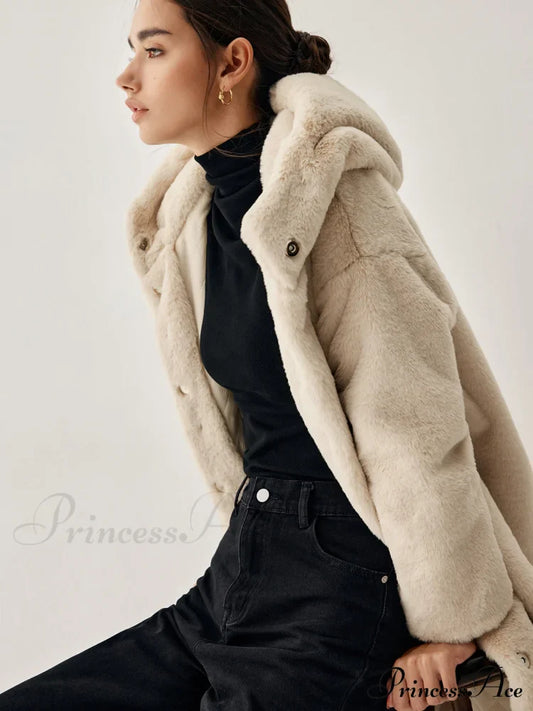 Apricot Faux Fur Trendy Hooded Longline Coat Fleece Jackets