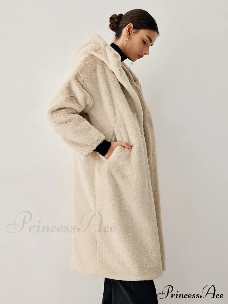 Apricot Faux Fur Trendy Hooded Longline Coat Fleece Jackets