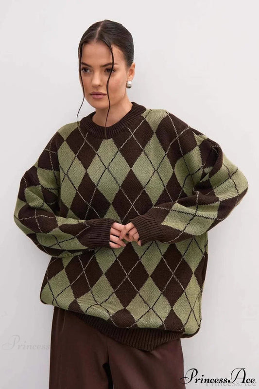 Argyle Crew Neck Oversized Pullover Sweater