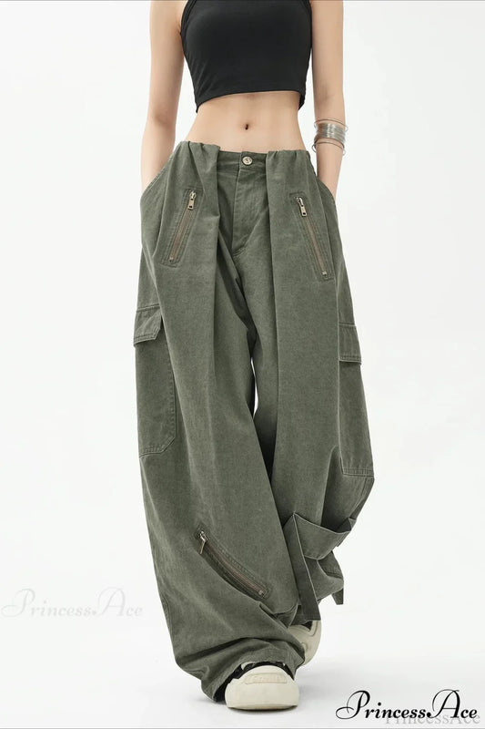 Army Green Parachute High Waist Loose Cargo Pants