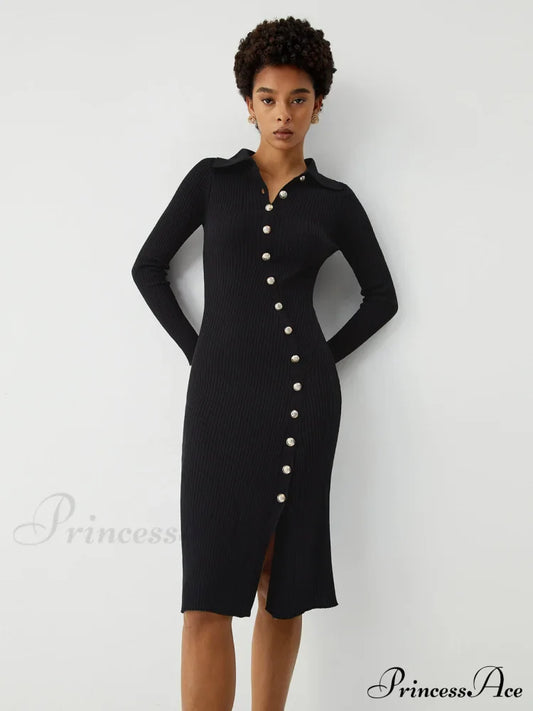 Asymmetric Button Down Long Modern Sleeve Midi Sweater Dress Black / S Sweaters-L