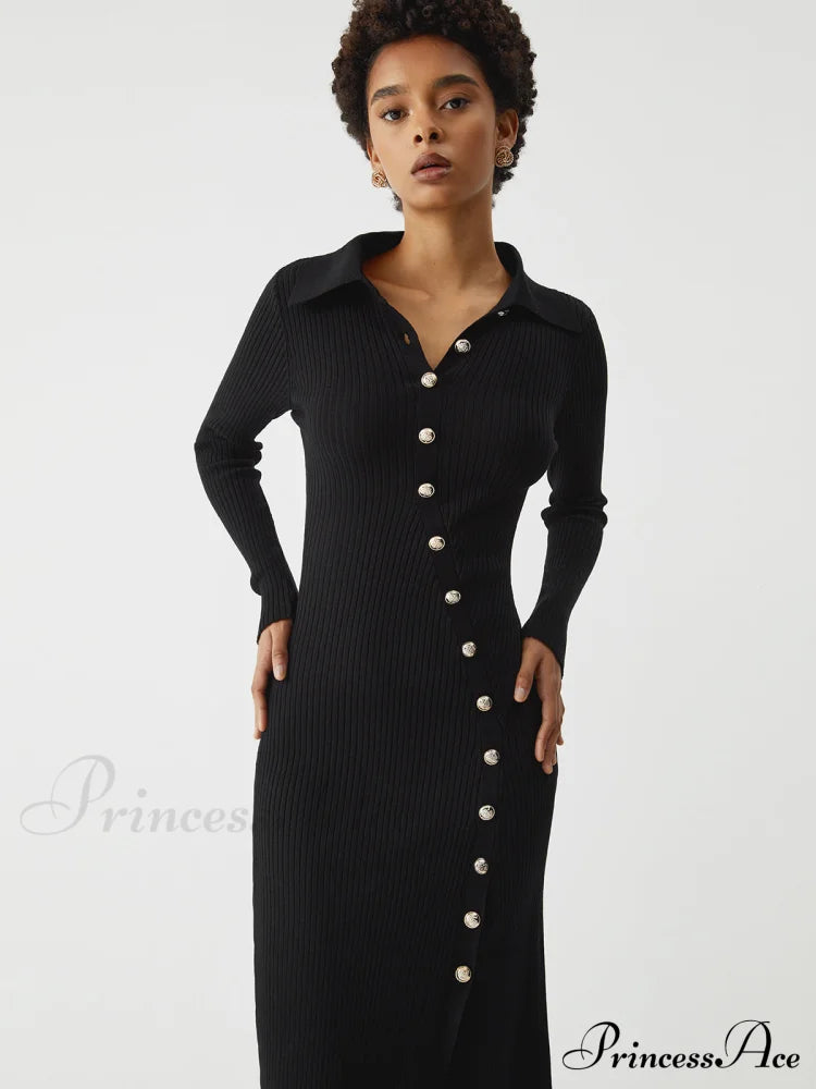 Asymmetric Button Down Long Modern Sleeve Midi Sweater Dress Sweaters-L