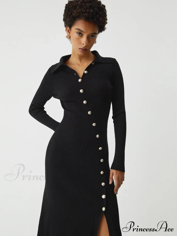 Asymmetric Button Down Long Modern Sleeve Midi Sweater Dress Sweaters-L