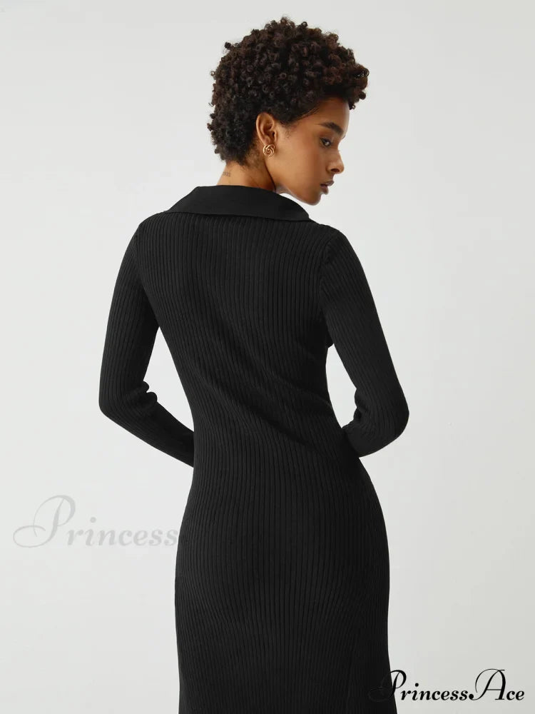 Asymmetric Button Down Long Modern Sleeve Midi Sweater Dress Sweaters-L