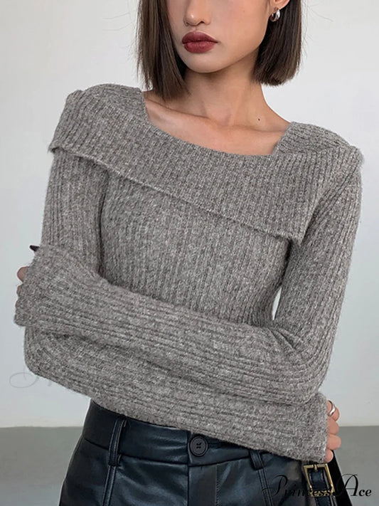 Asymmetric Overfold Square Neck Modern Long Sleeve Knit Top Sweaters-L