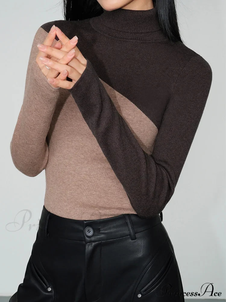 Asymmetric Patchwork Long Sleeve Modern Mock Neck Knit Top Sweaters-L