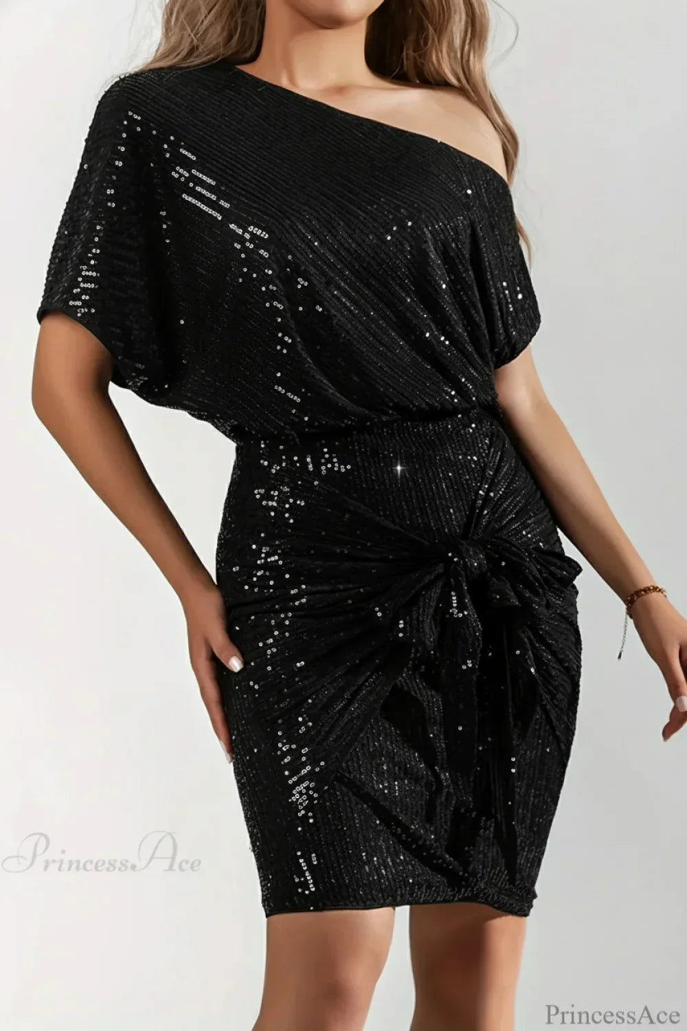 Asymmetric Shoulder Sequined Fitted Irregular Mini Dress Black / S