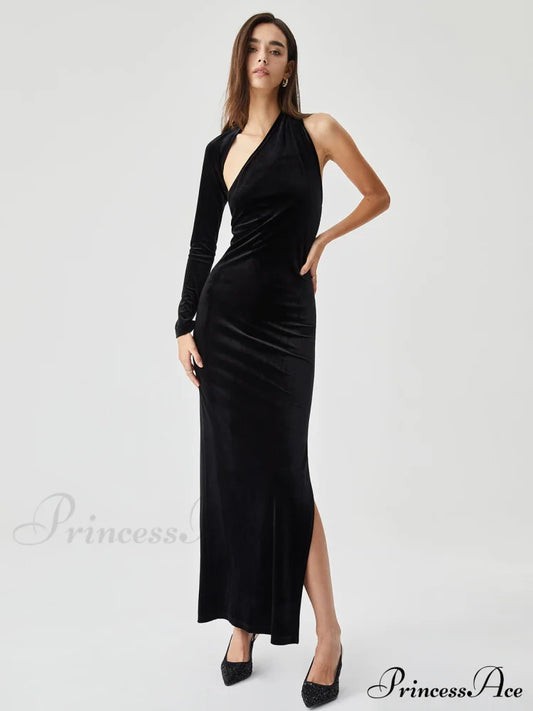 Asymmetric Sleeve Velvet Slit Modern Open Back Long Dress Black / Xs Dresses