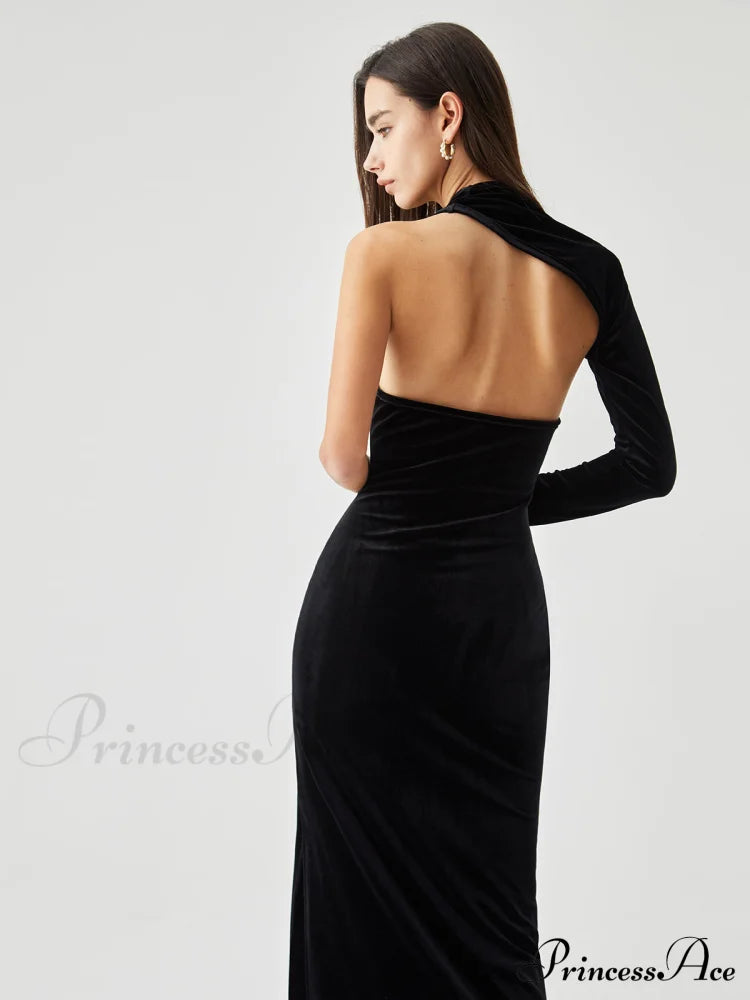 Asymmetric Sleeve Velvet Slit Modern Open Back Long Dress Dresses