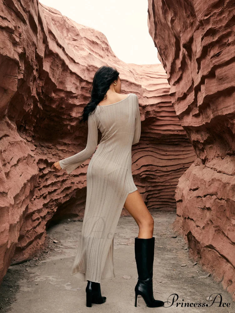 Asymmetric Split Graceful Sweater Long Dress Sweaters-L