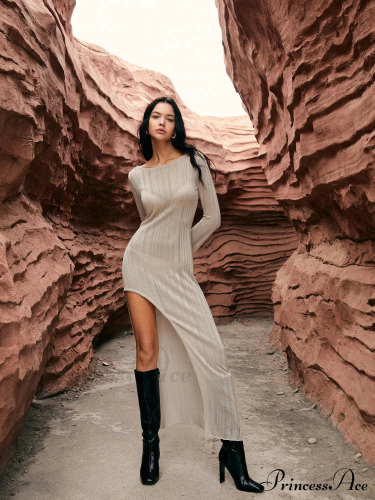 Asymmetric Split Graceful Sweater Long Dress Sweaters-L