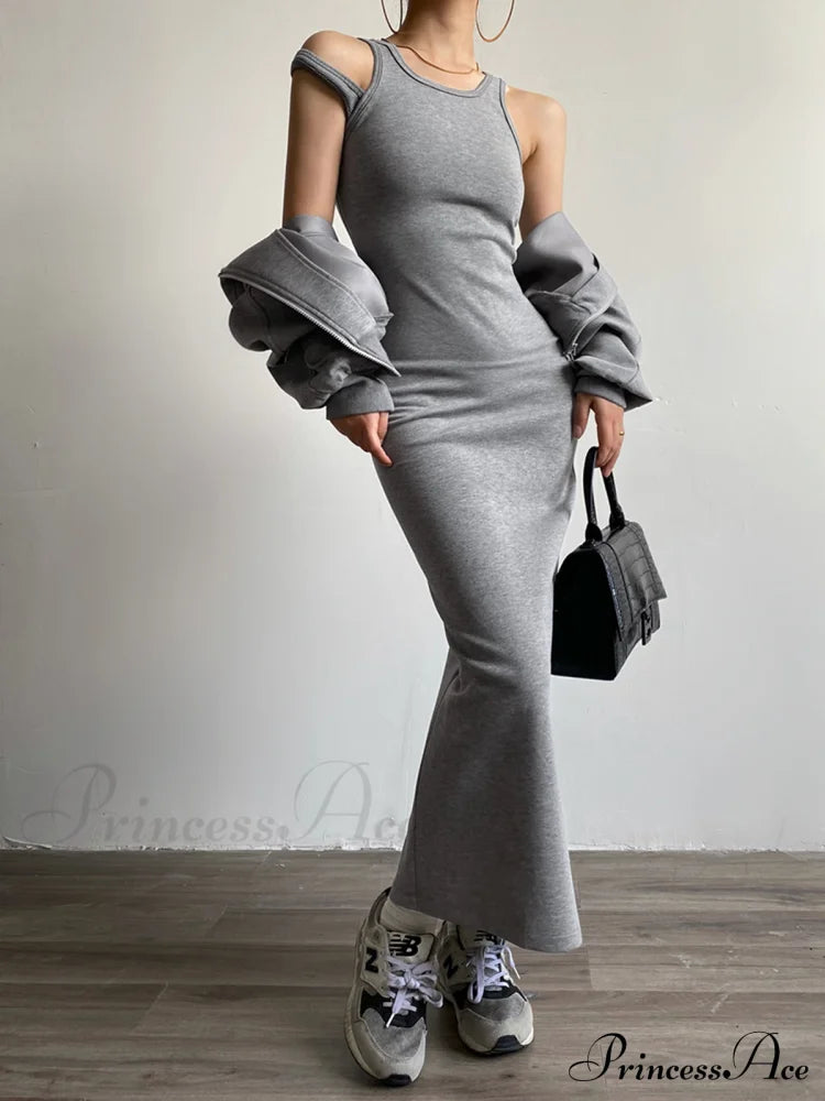 Asymmetrical Crew Neck Trendy Split Maxi Dress Dresses