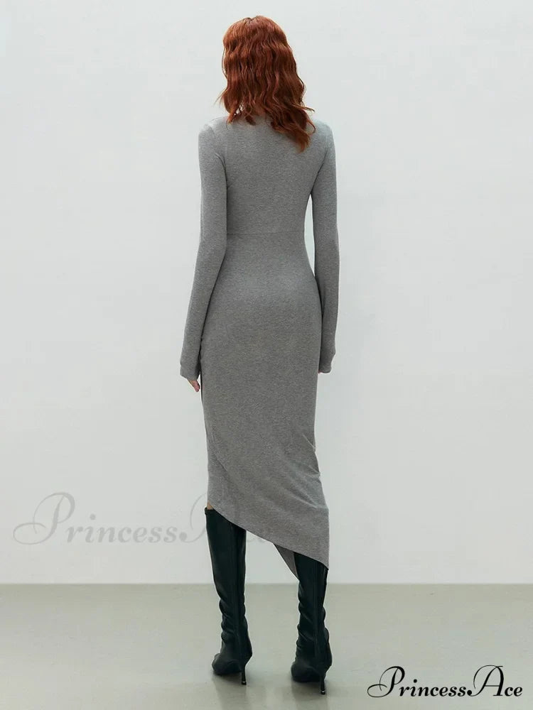 Asymmetrical Draped Cutout Crew Neck Classic Long Sleeve Midi Knit Dress Dresses