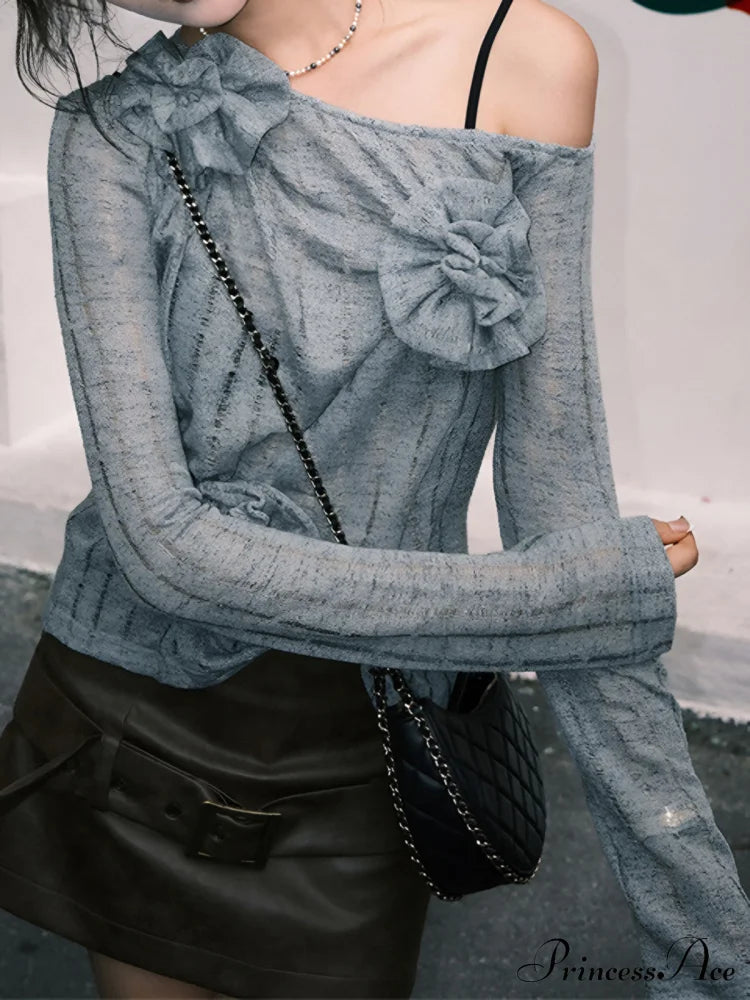 Asymmetrical Floral Graceful Knitted Sweater Sweaters-L