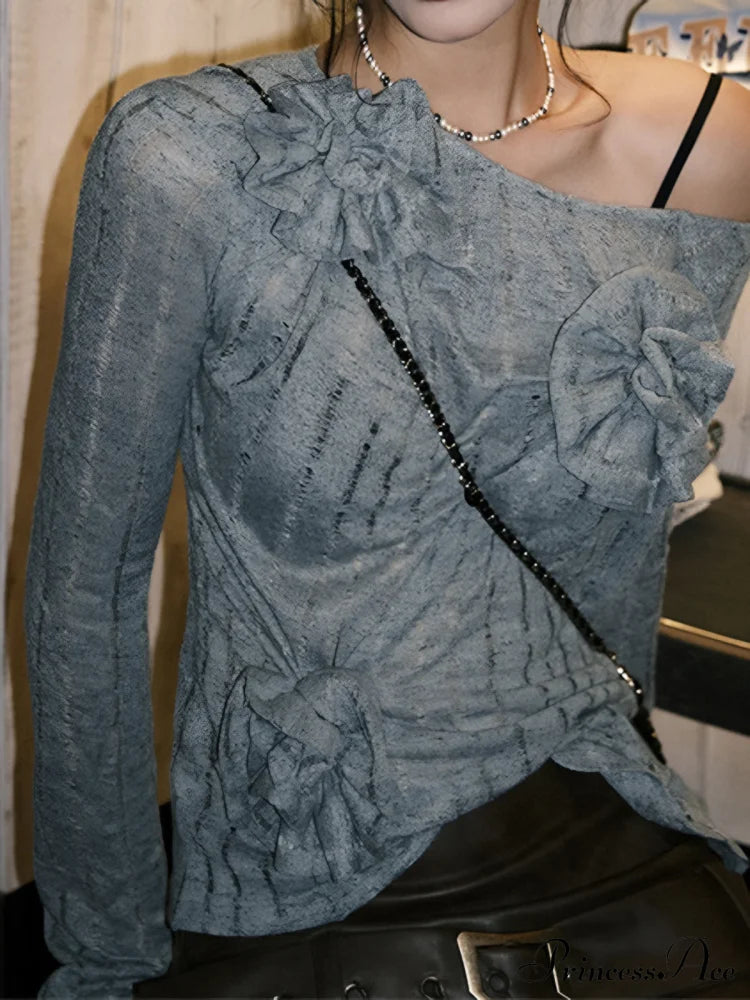 Asymmetrical Floral Graceful Knitted Sweater Sweaters-L