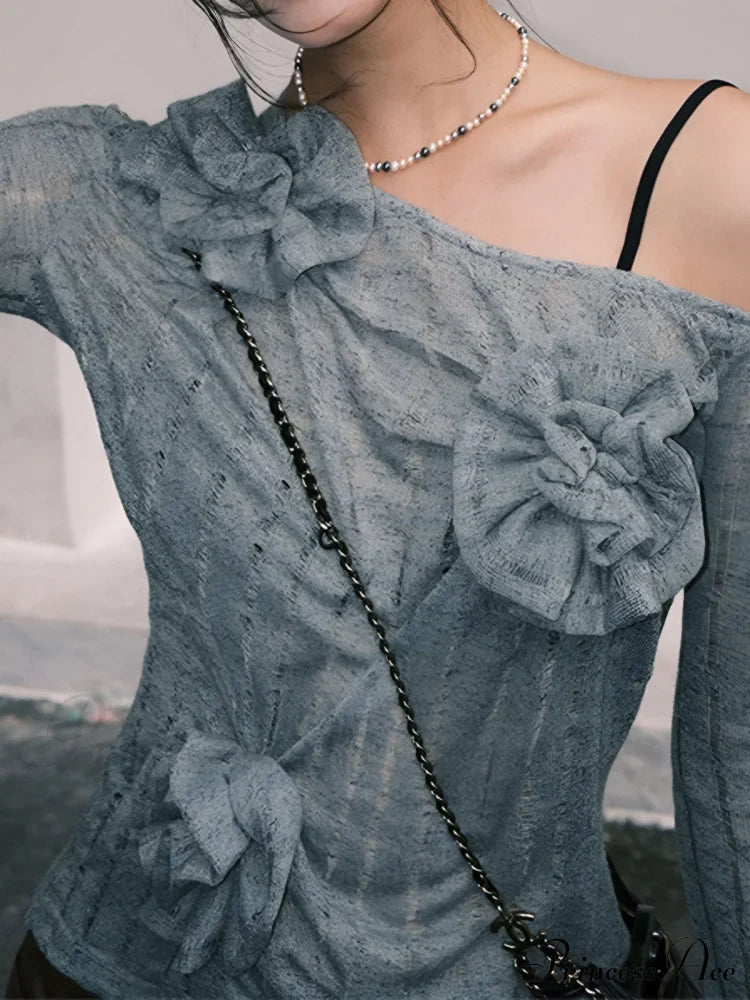 Asymmetrical Floral Graceful Knitted Sweater Sweaters-L