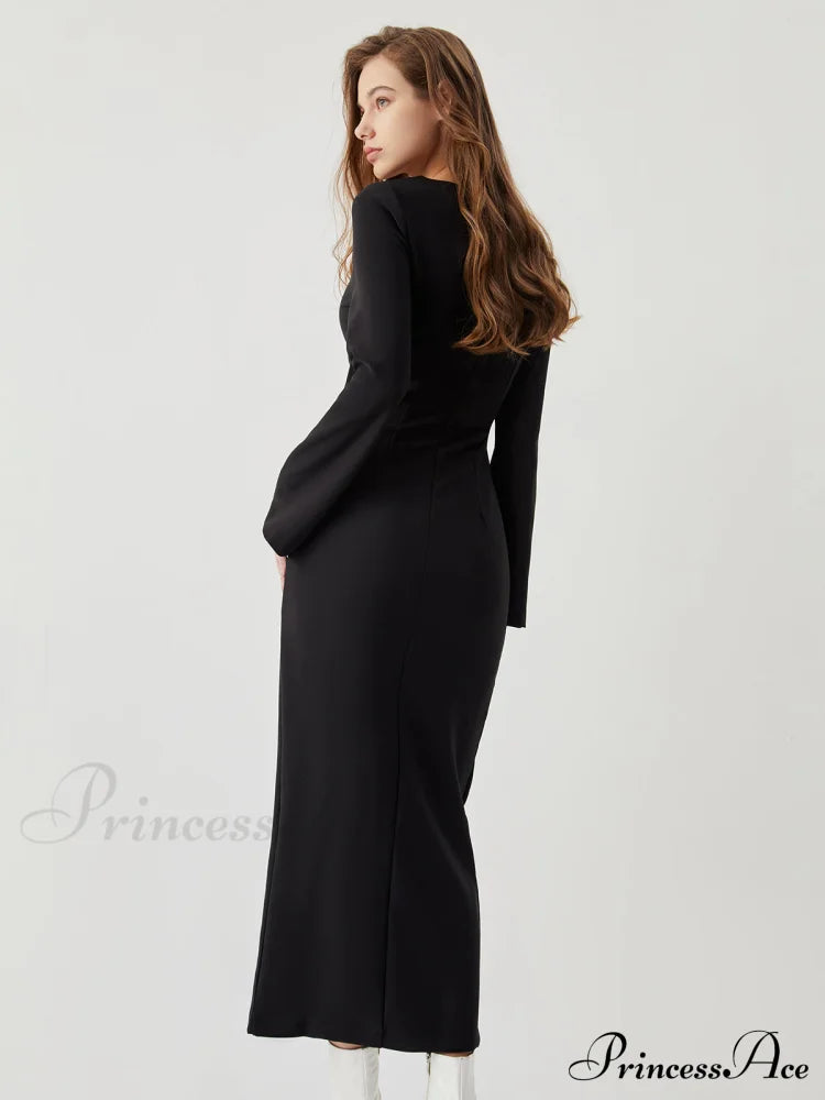 Asymmetrical Neck Zippered Split Modern Long Sleeve Midi Dress Dresses